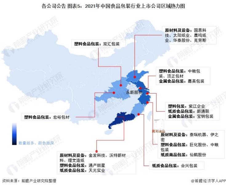 各公司公告 圖表5：2021年中國(guó)食品包裝行業(yè)上市公司區(qū)域熱力圖